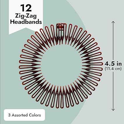 12 Pack 90s Zig Zag Style Circle Headbands with Teeth for Women's Hair Accessories (3 Assorted Colors)