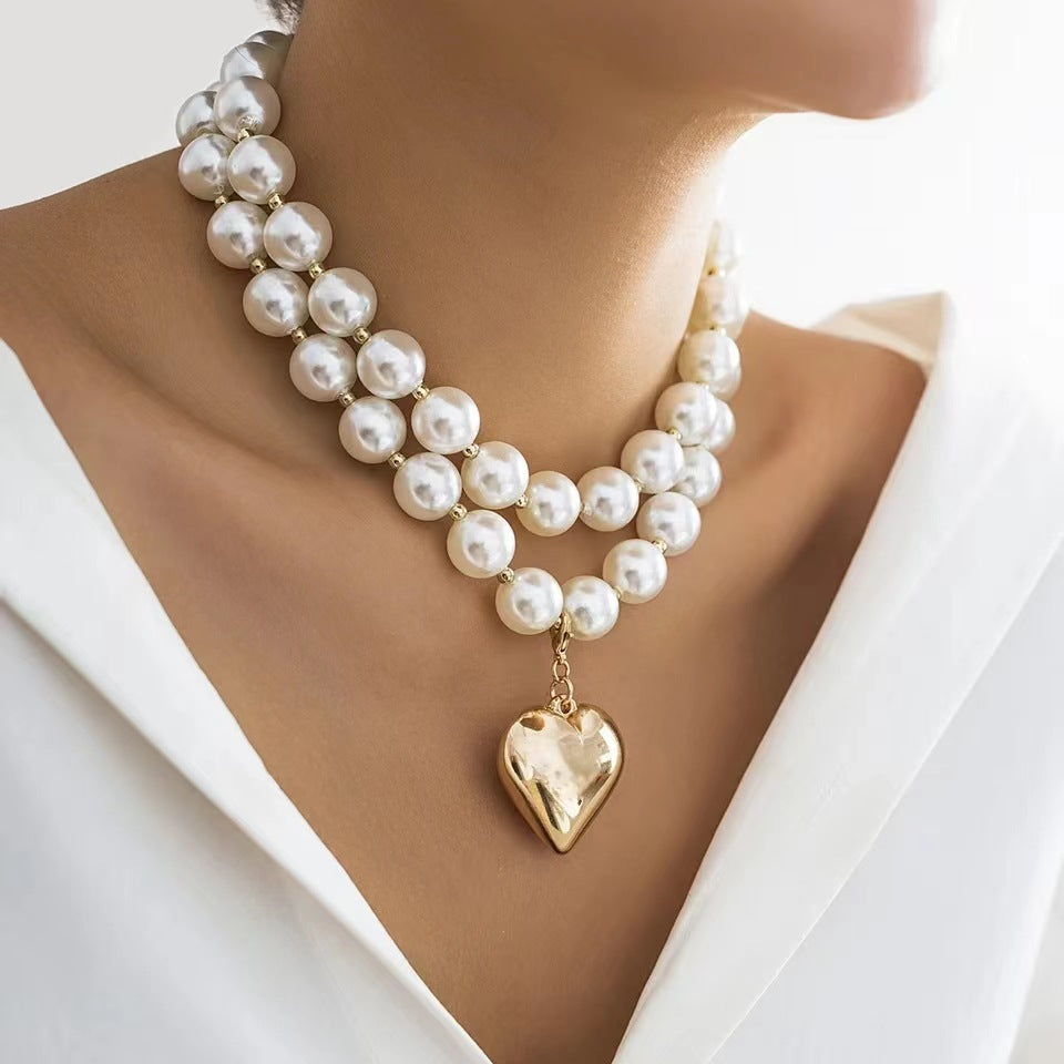 Trendy Pearl Necklace Fashion Temperament Pearl Necklace Peach Heart Vintage Sweater Chain Women