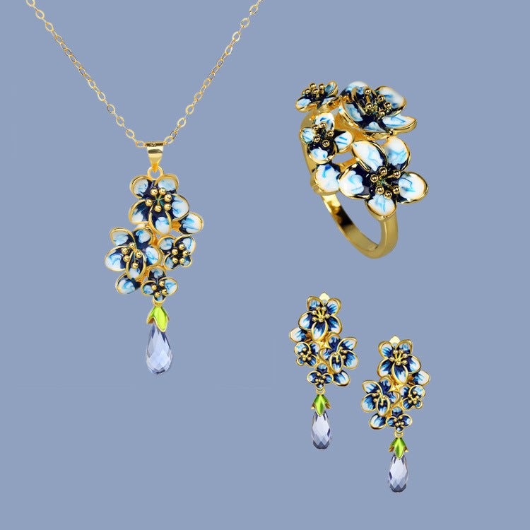 Ornament Set Three-piece Ring Set Inlaid With Water Drop Gem Necklace Ear Stud