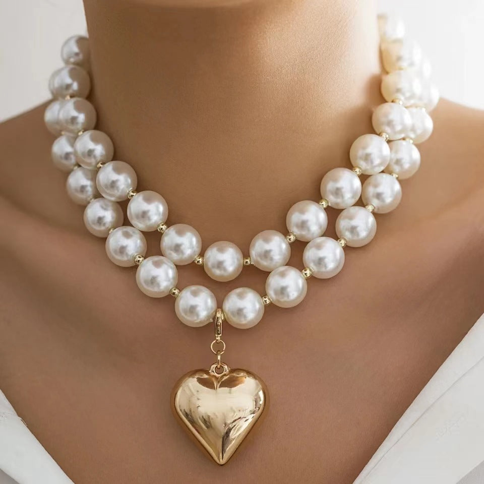 Trendy Pearl Necklace Fashion Temperament Pearl Necklace Peach Heart Vintage Sweater Chain Women